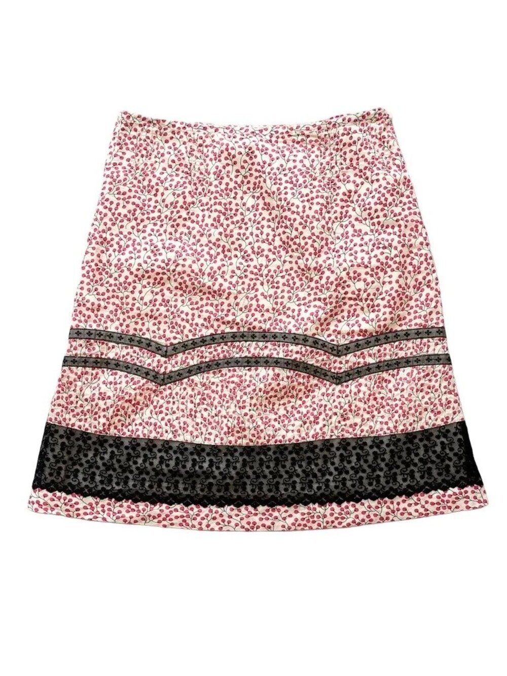 ODILLE Anthropologie Red Berry & Lace Knee Length A-line Skirt SZ 10